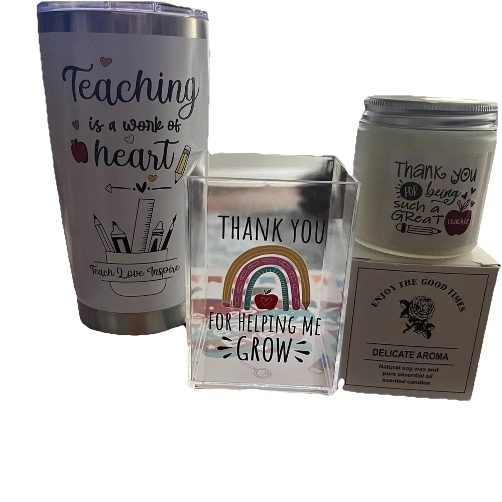 Best Teacher Ever Appreciation Box Of Gifts Tumbler Pen Candle Cards Pouch Heart